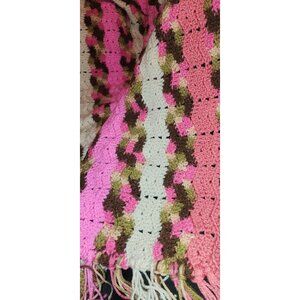 Handmade Crochet Afghan Baby Blanket Fringe 45x38 Multicolor Pink Brown NEW